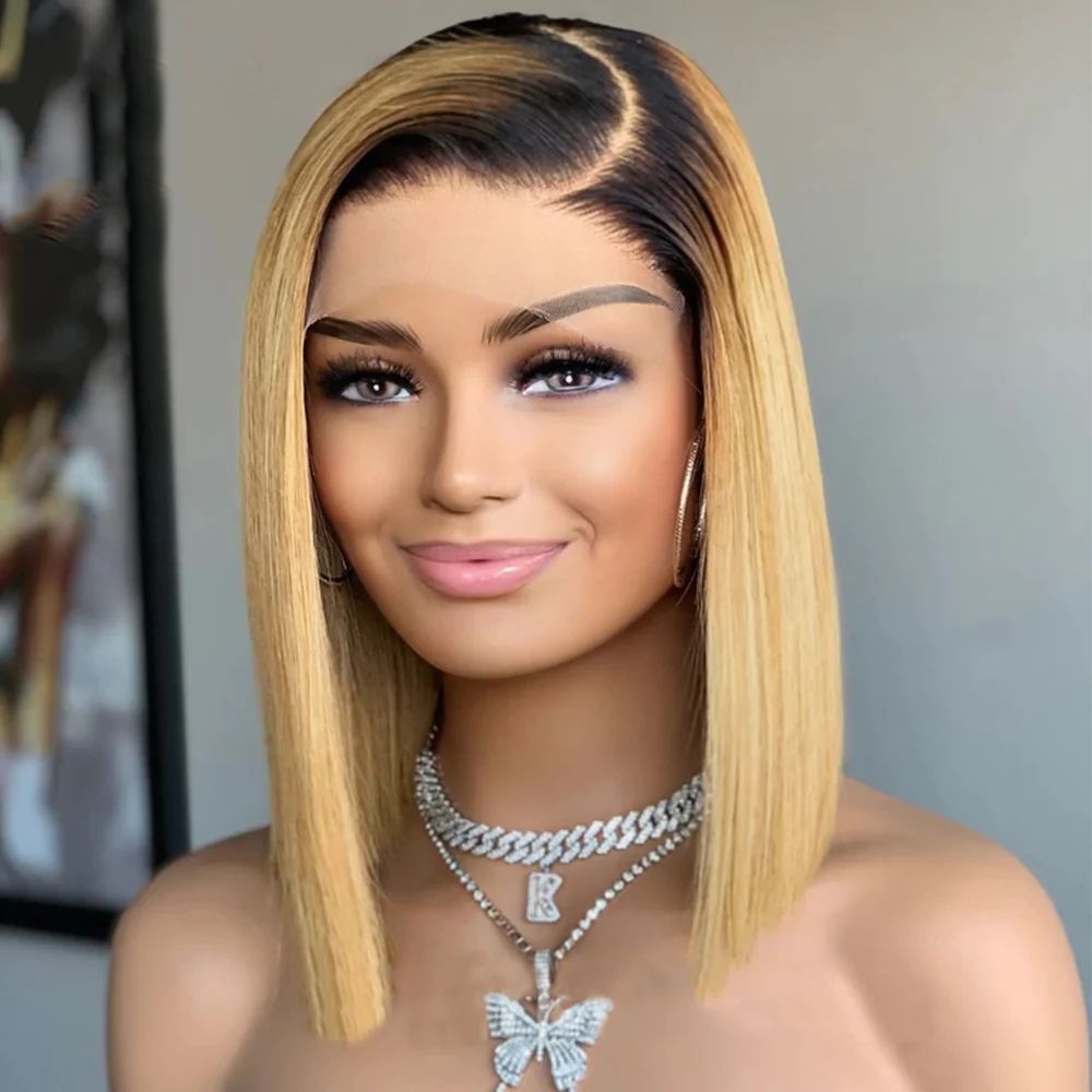 OMBRE T1B/27# Dark Root Pre Plucked WithBaby Hair Short Straight Bob Lace Front Brazilian Virgin Remy Human Hair Wigs for Women