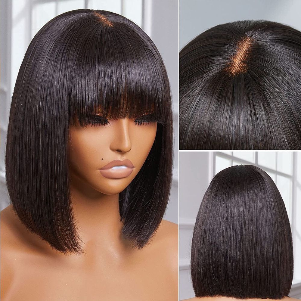 Can Custom Color Straight Bob Wig with Bangs Lace Closure Wig for Black Women Wear and Go Glueless Wig Human Hair