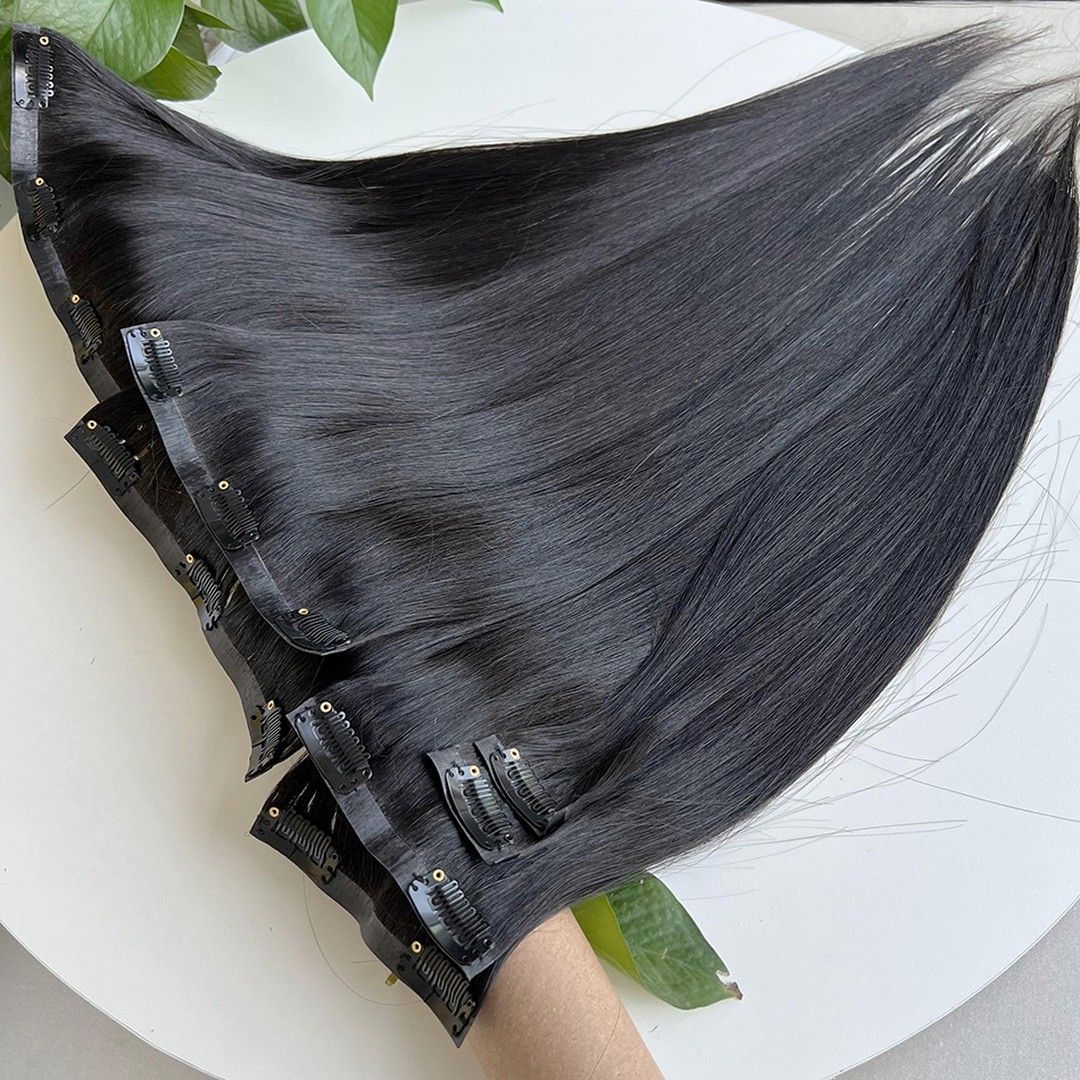 Straight Super Double Drawn Vietnamese Hair 1B PU Clip-in Seamless Hair Extension Wig Can Be Permed